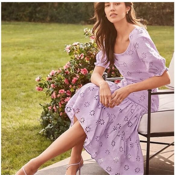Ann Taylor Dress 18 Purple Eyelet Lace Scoop Neck Maxi Ruffle Puff Sleeve Midi - Picture 1 of 16